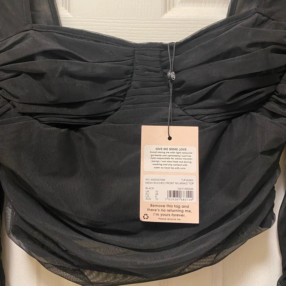 Black Mesh Ruched Front Milkmaid Top from MISGUIDED. Size 6. NEVER BEEN WORN ! - Picture 3 of 5